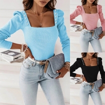 Fashion Beaded Square Neck Long Sleeve Ribbed Shirt