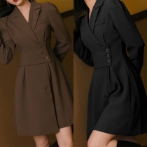 Fashion Solid Color Notch Lapel Long Sleeve Buttoned Irregular Hemline Mini Dress