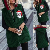 Fashion Santa Pattern Sleeveless Hooded Plush Vest