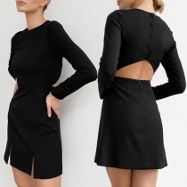 Sexy Round Neck Long Sleeve Backless Buttoned Slit Bodycon Party Dress