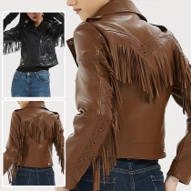Street Fashion Hollow-out Tassel Stand Collar Lapel Long Sleeve Slant Zipper Artificial Leather PU Crop Jacket