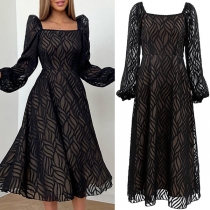 Elegant Semi-through Square Neck Long Sleeve High-rise Midi Dress