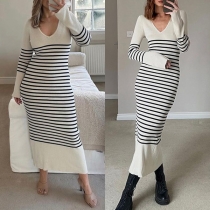 Street Fashion Contrast Color Stripe Printed V-neck Long Sleeve Bodycon Ribbed Dress
