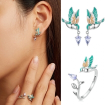 Fashion Bird Pattern Jewellery Set Consist of Rhinestone Earrings and Open Bird Ring