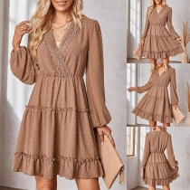 Fashion Solid Color Swiss-dot Lace Spliced V-neck Long Sleeve Tiered Dress
