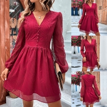 Fashion Solid Color Hollow Out Buttoned V-neck Long Sleeve Mini Dress