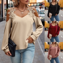Street Fashion Floral Crochet Lace Spliced Open-shoudler Long Sleeve Shirt