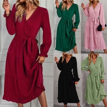 Fashion Solid Color V-neck Long Sleeve Self-tie Tiered Dress