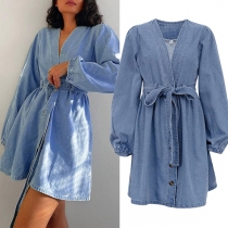 Fashion Old-washed V-neck Long Sleeve Self-tie Denim Dress
