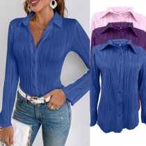 Casual Solid Collar Long Sleeve Elastic Shirt for Women