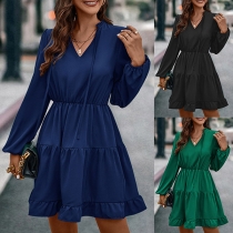 Fashion Solid Color Self-tie V-neck Long Sleeve Tiered Dress
