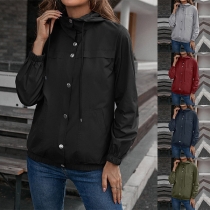Simple Solid Color Long Sleeve Buttoned Drawstring Hooded Windbreaker Jacket for Women