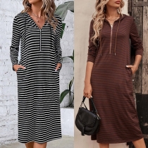 Casual Stripe Printed Half-zipper Drawstring Hooded Long Sleeve Dress
