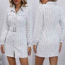 Vintage Checkered  Stand Collar Long Sleeve Buttoned Mini Dress