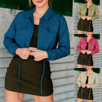Street Fashion Long Sleeve Patch Pockets Drawstring Hemline Crop Jacket