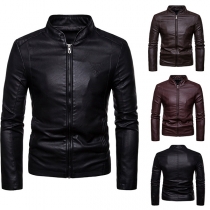 Fashion Solid Color Stand Collar Long Sleeve Artificial Leather PU Jacket for Men