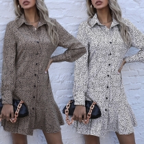 Fashion Leopard Printed Stand Collar Long Sleeve Buttoned Shirt Dress