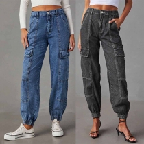 Street Fashion Old-washed Side-pockets Elastic Cuff Mid-rise Denim Jeans
