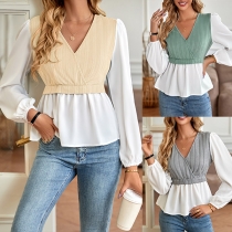 Elegant Knitted Spliced V-neck Long Sleeve Shirt
