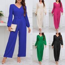 Fashion Solid Color V-neck Long Sleeve Jumpsuit with Belt