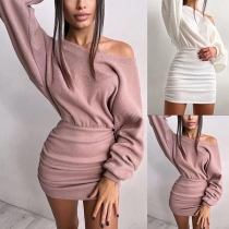 Sexy Solid Color Off-the-shoudler Long Sleeve Bodycon Ribbed Dress