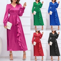 Fashion Leopard Printed V-neck Long Sleeve Cinch Waist Ruffled Midi Dress