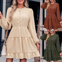 Elegant Solid Color Swiss-dot Lace Spliced Round Neck Long Sleeve Tiered Dress