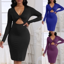 Sexy Solid Color V-neck Front Cutout Long Sleeve Bodycon Dress