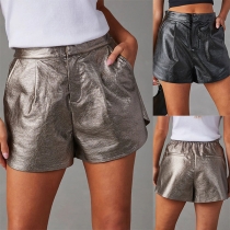 Vintage Mid-rise Side Pockets Artificial Leather PU Shorts