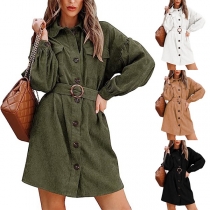 Street Fashion Solid Color Stand Collar Long Sleeve Self-tie Corduroy Shirt Dress