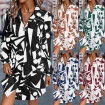 Street Fashion Contrast Color Printed Stand Collar Long Sleeve Shirt Dress