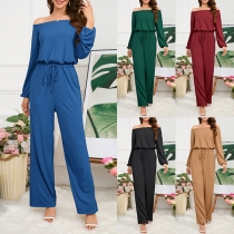 Casual Sexy Solid Color Off-the-shoulder Long Sleeve Self-tie Jumpsuit