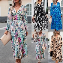 Street Fashion Floral Printed Lace Spliced V-neck Cinch Waist Long Sleeve Midi Dress