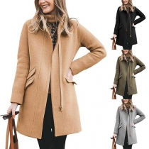 Fashion Solid Color Stand Collar Long Sleeve Zipper Duffle Jacket