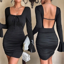 Sexy Solid Color Square Neck Long Sleeve Backless Ruched Bodycon Party Dress