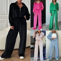 Fashion Solid Color Velvet Two-piece Set Consist of Zipper Jacket and Straight Cut Pants