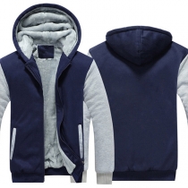 Street Fashion Contrast Color Long Sleeve Hooded Plush Lined Warm Sweatshirt Jacket for Men