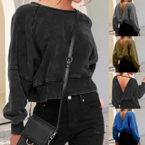 Casual Round Neck Long Sleeve Backless Shirt