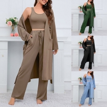 Fashion Solid Color Three-piece Set Consist of Cardigan, Crop Top, and Drawstring Pants