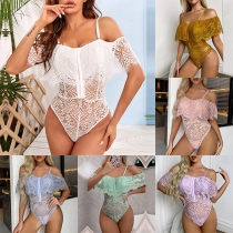 Sexy Off-the-shoulder Ruffled Semi-through Lace Cami Lingerie Bodysuit