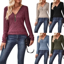 Casual Half-zipper V-neck Long Sleeve Ribbed Shirt