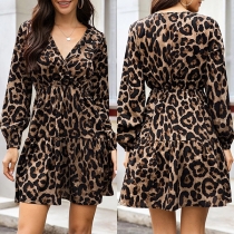 Fashion Leopard Printed V-neck Long Sleeve Dress