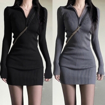 Fashion Solid Color Half-zipper Stand Collar Long Sleeve Ribbed Bodycon Dress