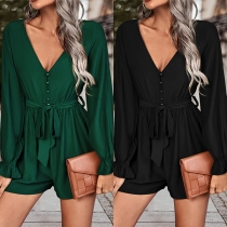 Fashion Solid Color V-neck Long Sleeve Self-tie Romper