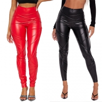 Street Fashion High-rise Strappy Artificial Leather PU Skinny Pants