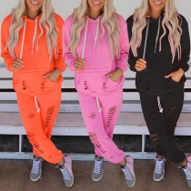 Fashion Ripped Two-piece Set Consist of Drawstring Hooded Sweatshirt and Sweatpants