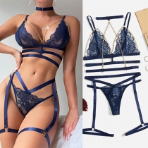 Sexy Lace Chain Hollowout Three-piece Lingerie Set