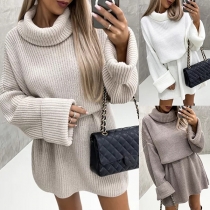 Street Fashion Solid Color Turtleneck Long Sleeve Cinch Waist Knitted Sweater Dress