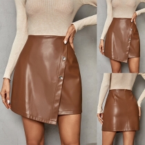 Fashion Irregular Hemline Buttoned Artificial Leather PU Skirt