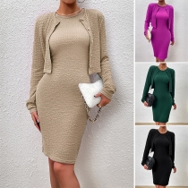 Fashion Solid Color Knitted Two-piece Set Consist of Crop Cardigan and Bodycon Dress